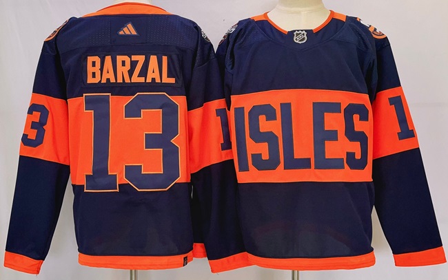 Men's New York Islanders #13 Mathew Barzal Navy 2024 With Stadium Series Patch Stitched Jersey